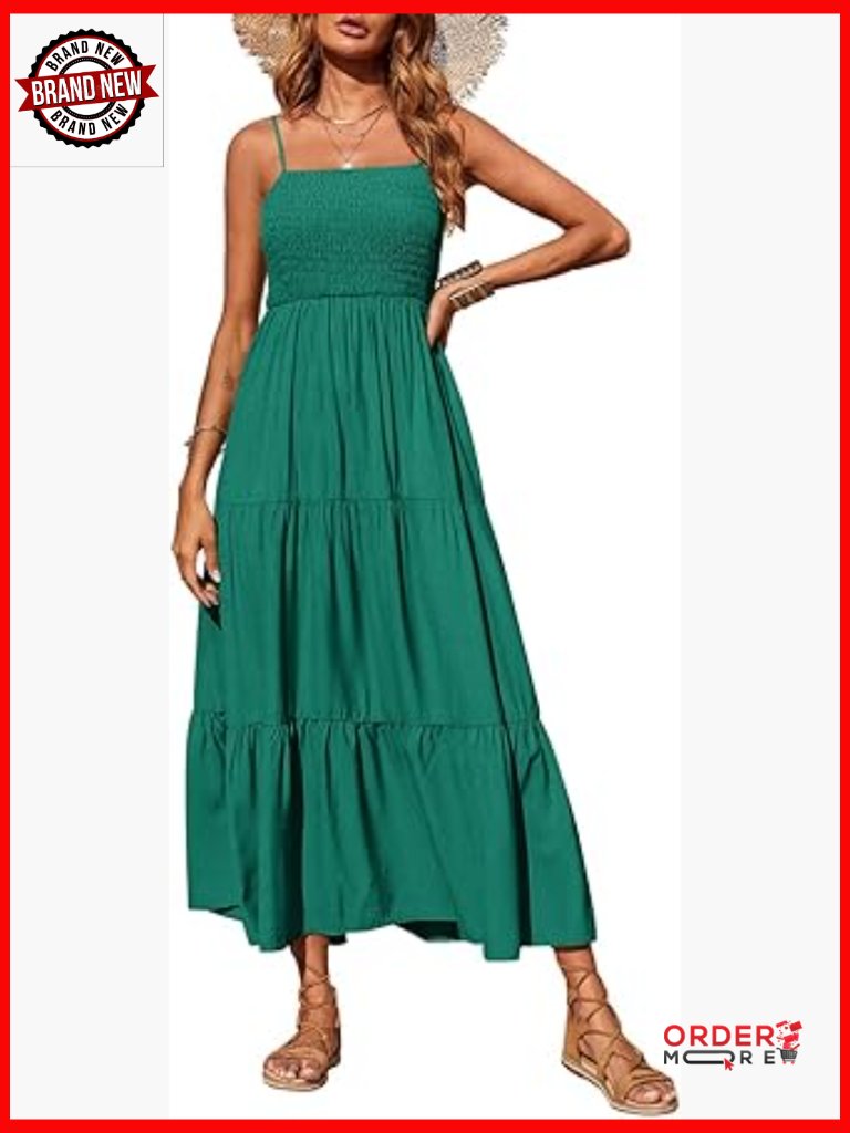 Women's Boho Smocked Tiered Maxi Dress Sleeveless Spaghetti Strap Sundress